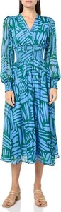 SHOSHANNA NWT $418 Harlan Blue Multi V Neck Long Sleeve Midi Dress Sz 4 - Picture 1 of 6
