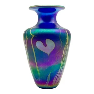 Vintage Cobalt Iridescent Art Glass Vase Blue Bud Vase White Dots - Picture 1 of 12