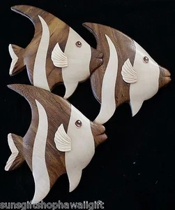 L Hawaii Angel Triple Fish Swimming Hawaiian Handcrafted Wood Art Wall Hanging - Picture 1 of 6