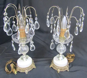 VINTAGE 1970 L&L WMC #9123 CHANDELIER STYLE SET 2 LAMPS W/CRYSTALS MARBLE BASE - Picture 1 of 20