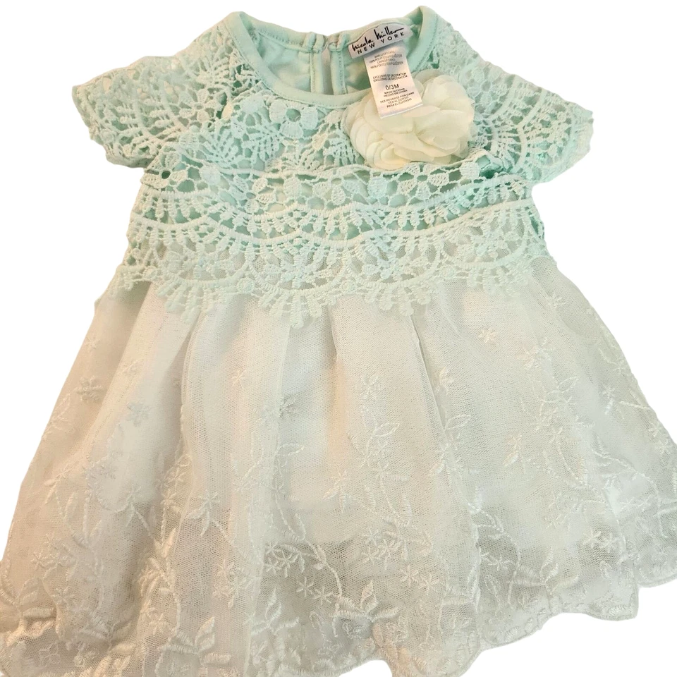 Nicole Miller New York Baby Dress 0/3M green & White Lace Floral Design - Image 1 of 4