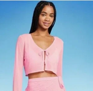 NWT Wild Fable Womens Pink Mesh Cropped Tie-Front Cover Up Cardigan size XS - Imagen 1 de 7