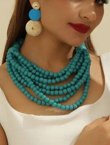 Chunky Beaded Statement Necklace Earring Set Multi Layered Round Strand Gold New - Picture 1 of 7