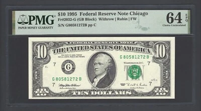 United States-Federal Reserve 10 Dollars 1995 Fr#2032-G (GB Block) UNC Grade 64 - Image 1 of 2