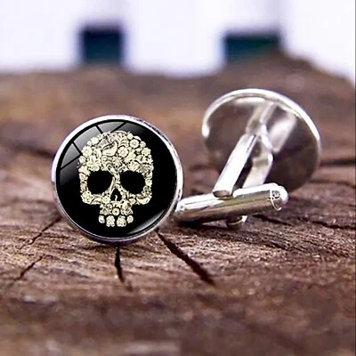 Sugar Skull Cuff Links, Skull Cufflinks for Men, Silver Cufflinks - High Quality - Image 1 of 4