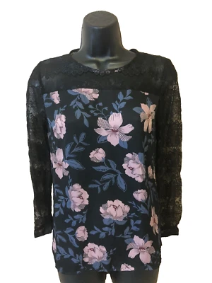DAISY FUENTES Shirt Womens Size Small Black floral long Sleeve New Lace Blouse - Image 1 of 4