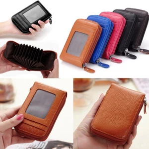 RFID Blocking Men Womens Card Wallet Real Leather Card Holder Zipper Pocket Gift - Picture 1 of 31