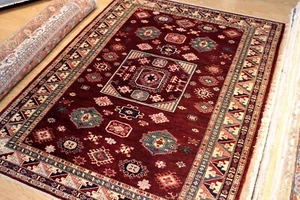 _KAZAK_RUG_HAND-MADE_7 X 9 FT. HAND-KNOTTED-100% WOOL Maroon dark red teal color - Picture 1 of 12