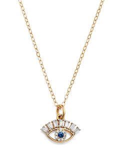 14K Yellow Gold Filled Round Lab-Created Blue Sapphire Evil Eye Pendant & Chain