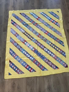Antik Vintage gelb gestreift mehrfarbig handgenäht Quilt 60” x 75” - Bild 1 von 17