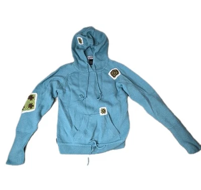 Suéter Obermeyer Niños Vintage Mezcla de Lana Verde Azulado Crochet Parche Bolsillos con Capucha Talla L Foto 1 de 4