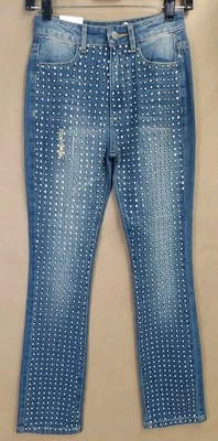 NEW Alice + Olivia Studded Straight Leg High Waist Denim Jeans Women's 24 NWT - Image 1 of 4