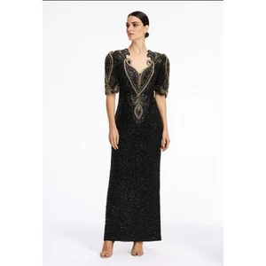 Vintage Landa Damen Ballkleid Größe 12 schwarz Pailletten Schulterpolster 100% Seide selten - Bild 1 von 16