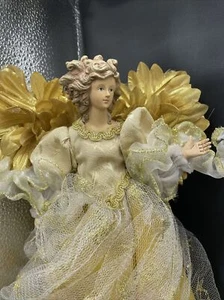 Vtg Christmas Tree Topper Angel Gold Cream Tulle petal wings 12” table decor - Picture 1 of 12