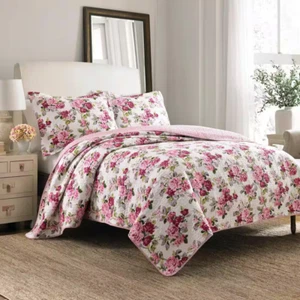 3-Piece Bedroom Quilt Set Cotton Pink Floral Pattern White King Sized Reversible - Picture 1 of 6