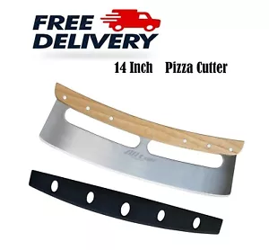 Sharp Pizza Cutter Stainless Steel Rocker Blade Knife Wooden Handle & Cover 14IN - Picture 1 of 7
