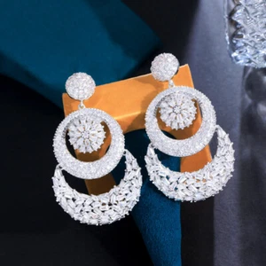Pave Setting Round Dangle Earrings CZ Amerian Crystal White Gold Plated Jewelry - Bild 1 von 11