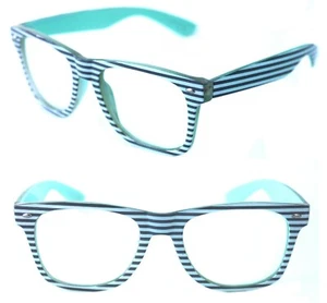Herren Damen Klarglas Brille Hornrand Türkis Streifen Nerd Retro - Bild 1 von 10