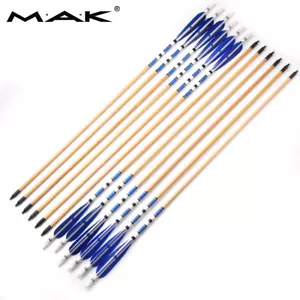 12Pcs Traditional Wooden Arrow W/ Turkeys Blue Real feather For Shooting Hunting - Picture 1 of 8