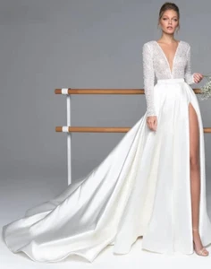Luxury Long Sleeve Satin Wedding Dress,Plunge Neck Slit Wedding Reception gown - Picture 1 of 5