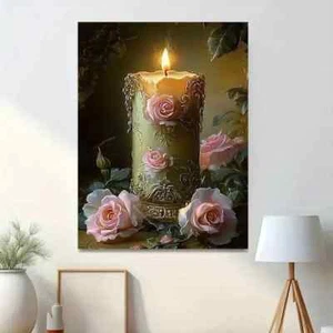 Classic Modern Candle and Roses Wall Art Canvas Unframed/Framed - Picture 1 of 7
