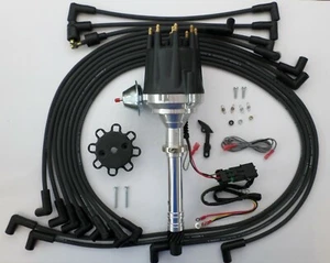 SMALL BLOCK CHEVY Pro Series HEI Distributor + Black Plug Wires under exhaust - Picture 1 of 2