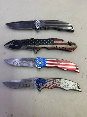 Lot Of 4 MTech Folding Knife American Flag “We The People” Etc Knives Used - Image 1 of 4