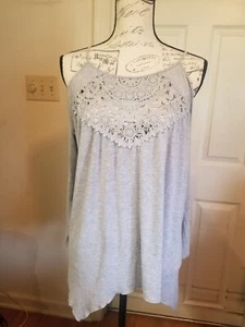 Shop Dor Dor Top Large Gray Cold Shoulder Long Sleeve Lace Trim Sharkbite Hem - Picture 1 of 15