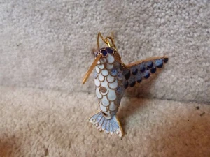 Cloisonne Hummingbird Hanging Figure Ornament White Blue Enamel 3" - Picture 1 of 7