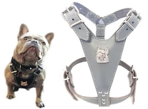 Grey Leather Dog Harness with French Bulldog Head for Fully Grown Frenchies - Picture 1 of 2