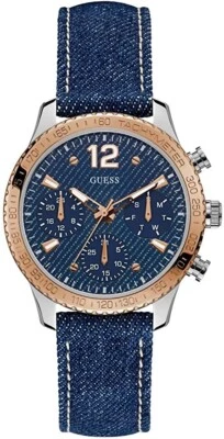 Reloj multifunción GUESS para mujer tono oro rosa y correa azul denim U1057L1 Foto 1 de 2