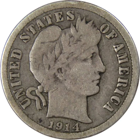 1914 Barber Dime VG Very Good 90% Silver 10c US Type Coin Collectible Cover