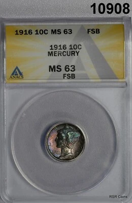 1916 MERCURY DIME 1ST YEAR! ANACS CERTIFIED MS63 FSB RAINBOW COLORS WOW #10908 - Image 1 of 3