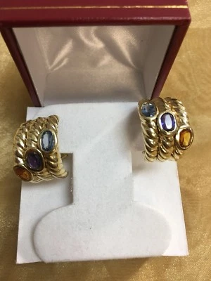 Juego de pendientes de citrino amatista topacio azul con clip Omega de oro amarillo de 14 K Foto 1 de 4