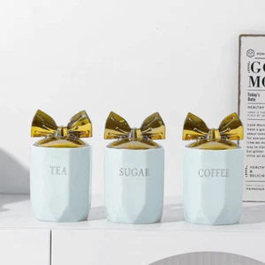 Juego de almacenamiento de arco cromado tarro de azúcar café té botes herméticos de cerámica blanco - Imagen 1 de 1