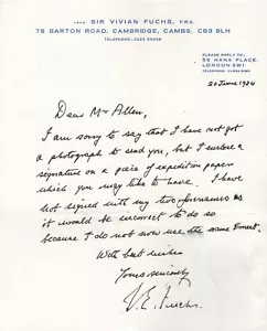 Vivian Fuchs. Antarctic explorer. Autograph letter signed re his name. 1984. COA - Picture 1 of 2