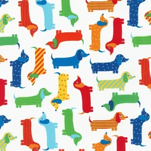 Fabric Dogs Dachshunds Primary on White KAUFMAN Cotton 1/4 yard 15736204 - Picture 1 of 2
