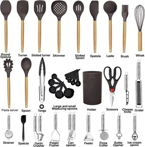 35 Piece Kitchen Utensil Set - Made of Silicone and Wooden Handle Non-Stick - Picture 1 of 6