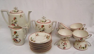 ancien service à café thé Art Déco Limoges T.L.B décor d'oiseau héron japonisant - Photo 1/4