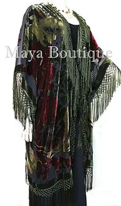 Fransenjacke Kimono Seide Burnout Samt Jugendstil schwarz oliv Maya Matazaro - Bild 1 von 8
