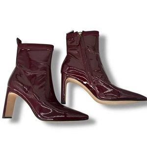 NEW Kate Spade Patent Red Mid Calf Boots Size 9 Wine Merlot Fitted Pointy Toe - Picture 1 of 10