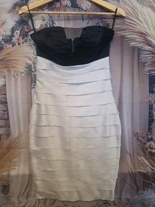 Jane Norman Black & Cream Strapless Bodycon Dress - Size 8 - Elegant Party Dress - Picture 1 of 6