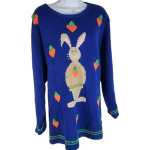 Quacker Factory Sweater Womens 2X Blue Easter Bunny Embroidered Wool Blend - Picture 1 of 12