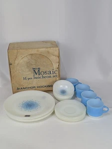 Vtg Anchor Hocking Fire King Mosaic 16 Piece Set Dinner Plates Saucers Bowls Cup - Picture 1 of 17