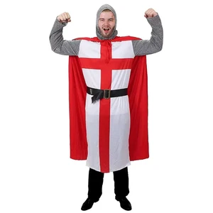 Adults St George’S Knight Costume - English Flag Tunic, Belt, Red Cape & Chain - Picture 1 of 7