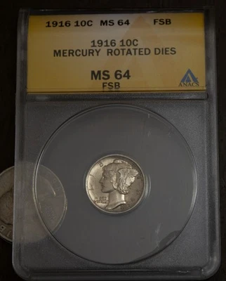 1916 Mercury Dime ANACS MS 64 FSB Rotated Dies  Lot 3402 - Image 1 of 4
