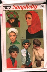 7872 Simplicity SEWING Pattern Misses Beret Ascot Hood Sash Hats OOP 1960s CUT - Picture 1 of 2