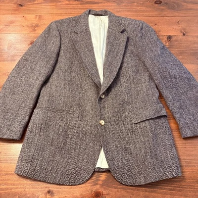 Blazer Harris Tweed Masculino 41R Marrom Cinza Espinha de Arenque Lã Escocesa Britches Antigo - Imagem 1 de 4
