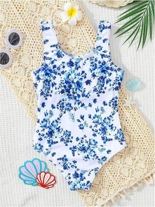 NEW Girl's Floral Print One Piece Swimsuit Scoop Neck Beach Bathing suit SZ 10 - Picture 1 of 4