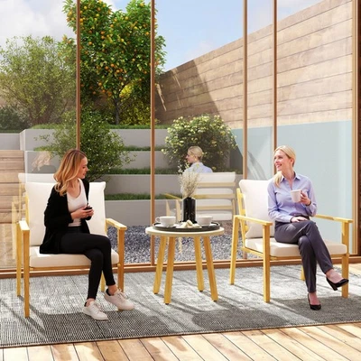 Outsunny Juego de Patio de 3 Piezas, Juego de Bistro de Metal Efecto Madera, Blanco Crema Foto 1 de 4